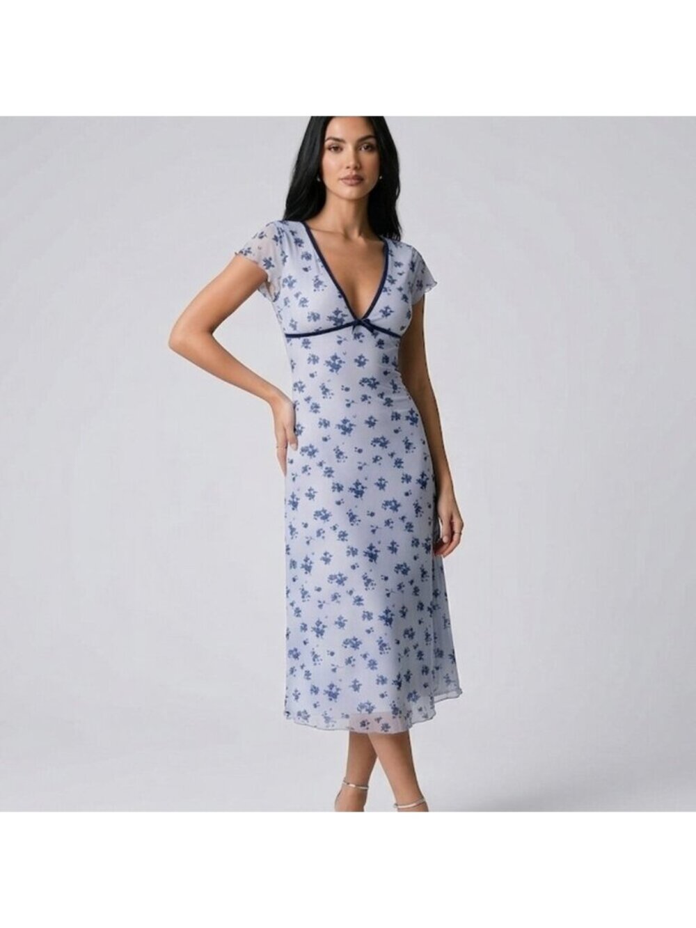 Romantic Short Sleeve Blue Floral Mesh Midi Dress